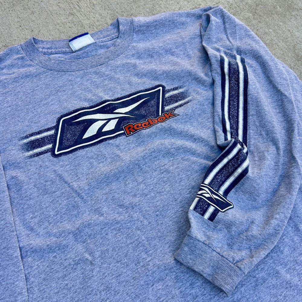 Reebok Long Sleeve Shirt Grey Vintage Y2K Graphic Tee Mens Large Sleeve Hits